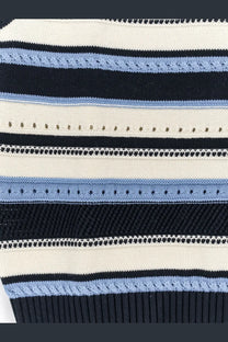 DUNST men’s unisex sleeveless cotton sweater with black white and light blue striped varied textured design