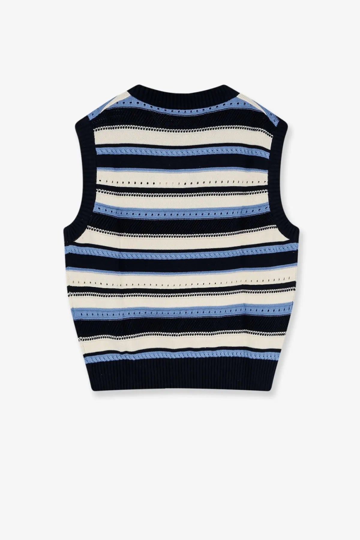 Dunst men’s unisex sleeveless cotton sweater in white with navy blue light blue and cream horizontal stripes