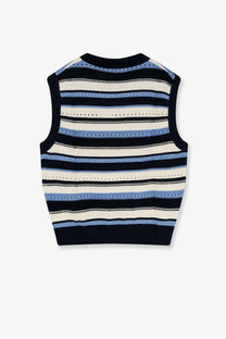 Dunst men’s unisex sleeveless cotton sweater in white with navy blue light blue and cream horizontal stripes