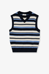 DUNST men’s unisex sleeveless cotton sweater vest in navy blue cream and light blue horizontal stripes with v-neck