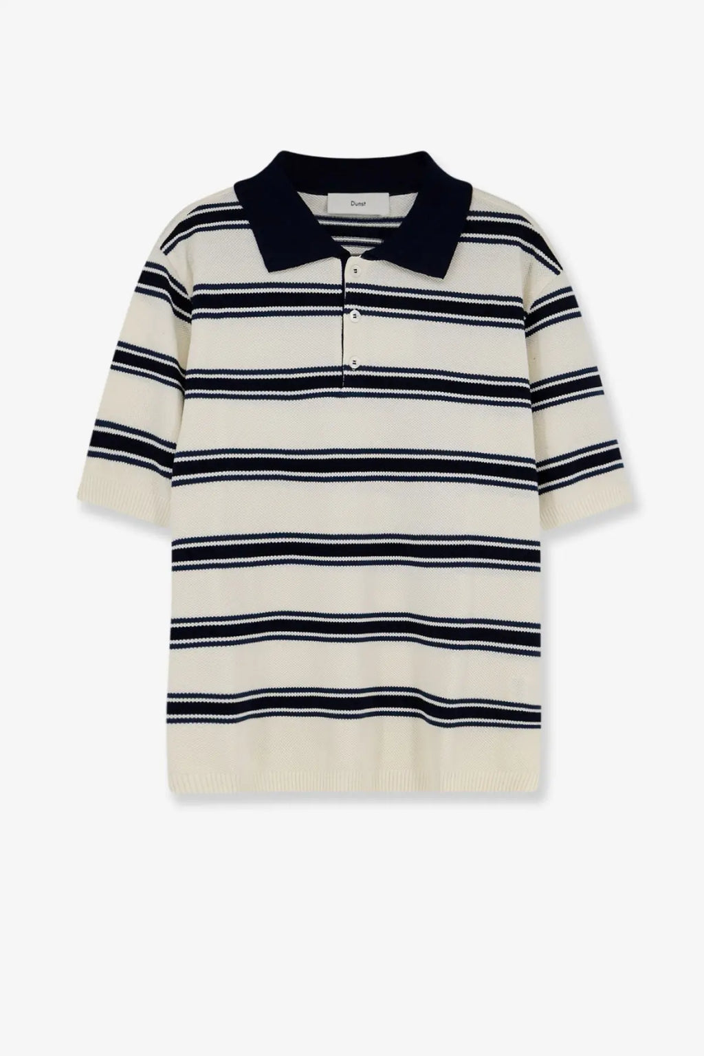 Cream-colored cotton knit polo shirt with navy blue stripes and solid navy collar by DUNST for men and unisex use