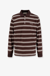 Brown and white striped long-sleeved cotton polo shirt with collar and embroidered logo by DUNST Unisex