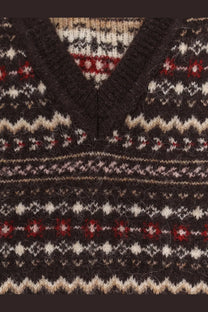 Dunst unisex brown knit vest with intricate fair isle patterns in cream red and beige for cozy layering