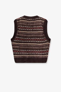 Dunst unisex brown knitted sleeveless vest with fair isle pattern in cream white and muted red accents