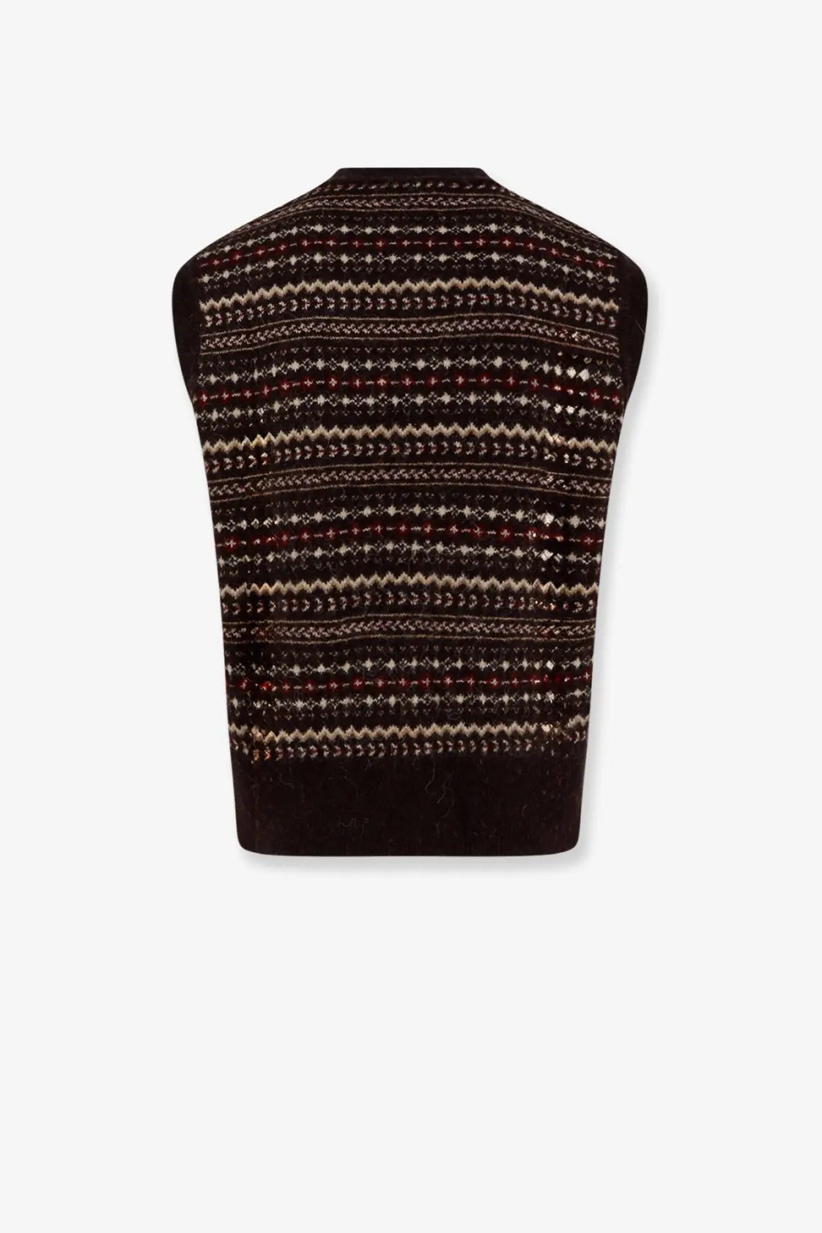 DUNST unisex brown knitted sleeveless sweater vest with intricate beige and maroon geometric patterns