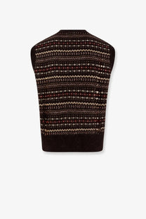 DUNST unisex brown knitted sleeveless sweater vest with intricate beige and maroon geometric patterns