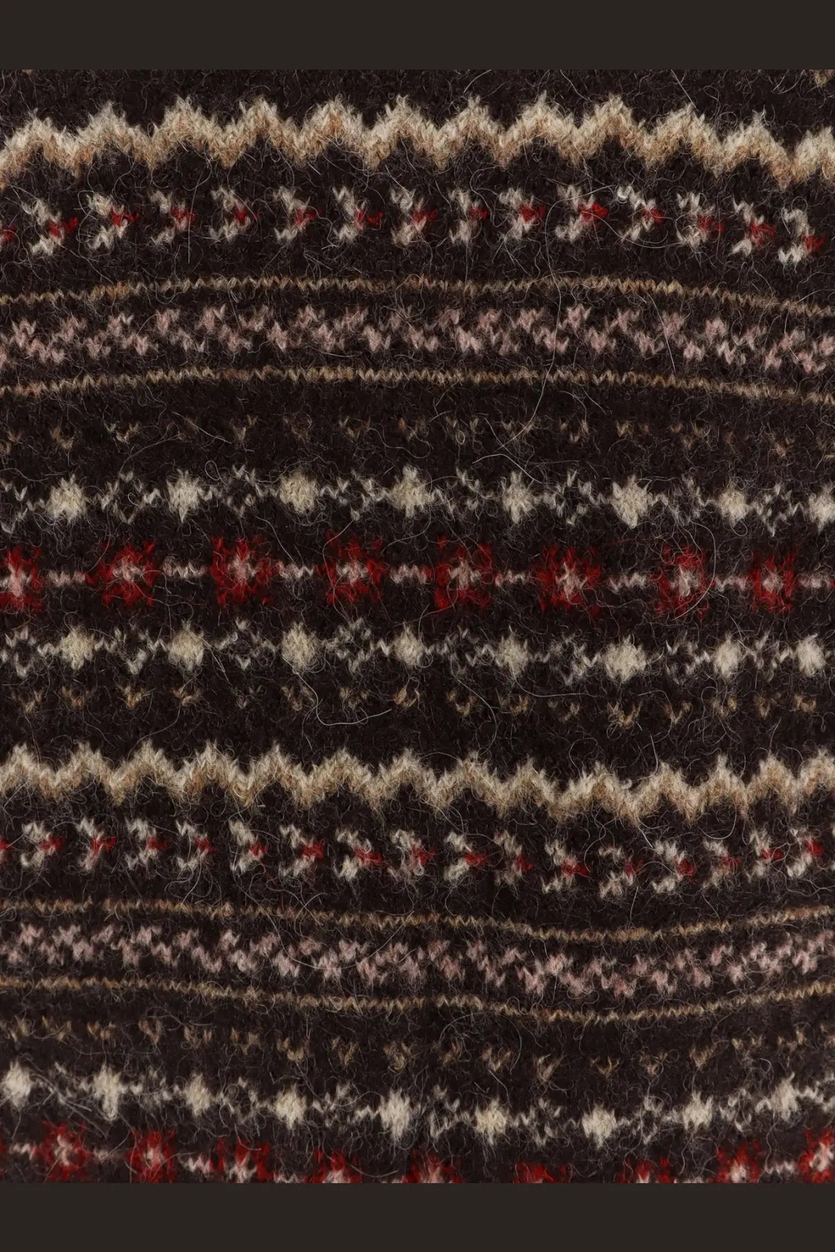 DUNST unisex brown woolen vest with intricate cream red and beige fair isle patterns front view