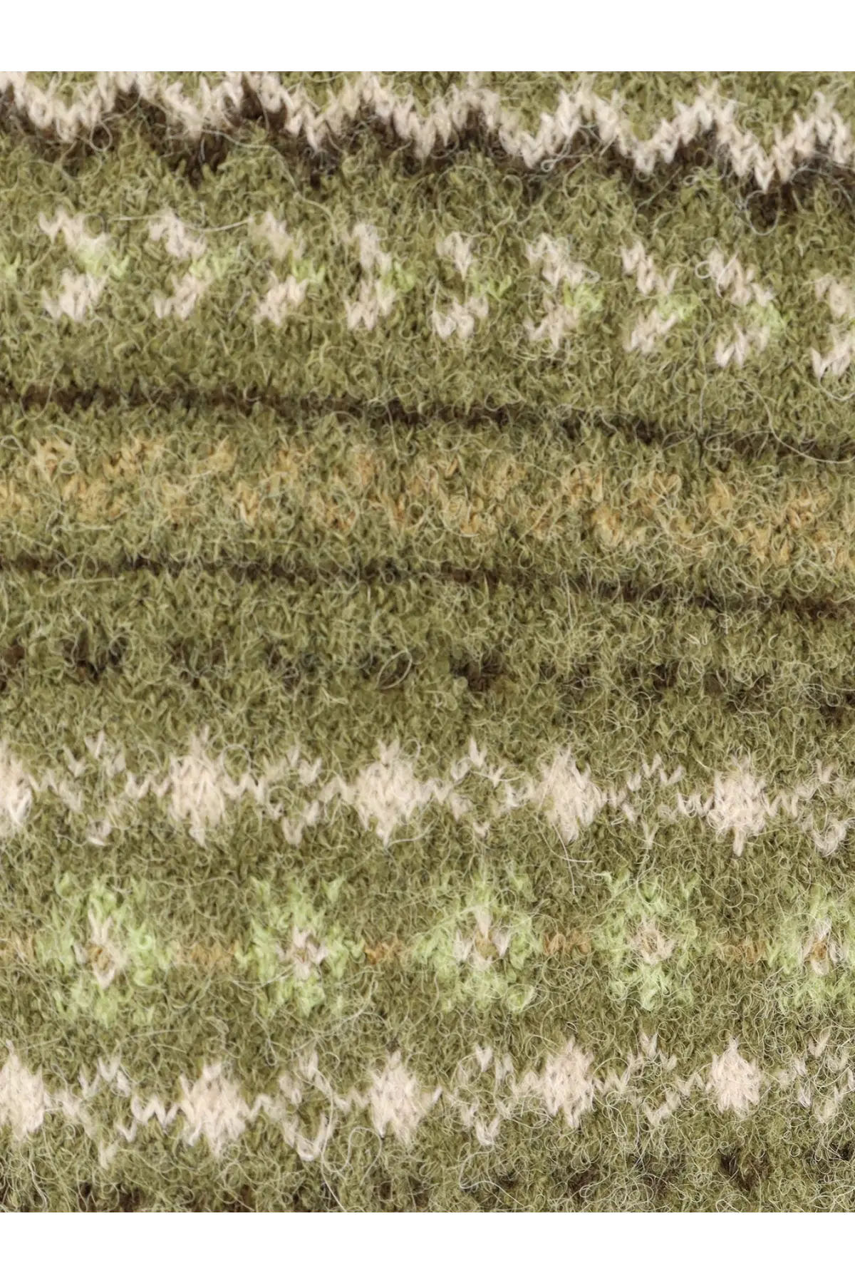 Olive green and cream fair isle knit scarf with textured fuzzy yarn finish for dunst unisex crafted vest green
