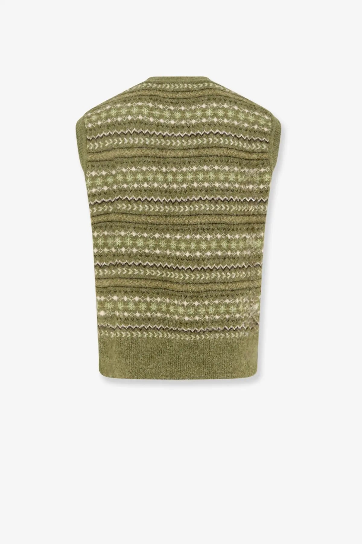 Olive green knit vest by dunst featuring cream geometric and zigzag stripes for unisex casual wear