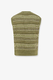 Olive green knit vest by dunst featuring cream geometric and zigzag stripes for unisex casual wear