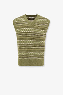 Dunst unisex olive green knit vest with v-neck and cream geometric patterns in soft yarn