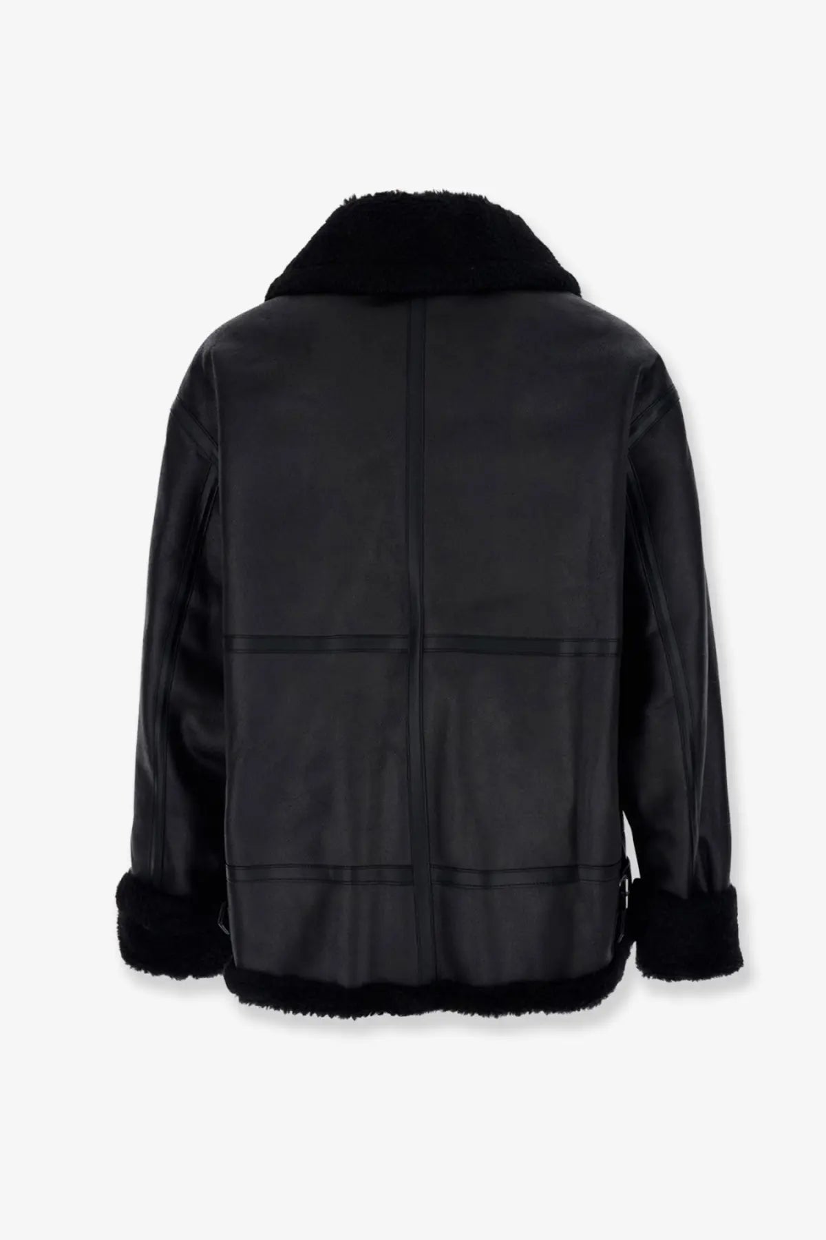 Black DUNST unisex eco shearling bomber jacket with plush fur collar cuffs hem and sleek matte finish