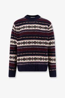 Dunst unisex fairisle sweater in navy blue wool with burgundy cream stripes and green snowflake pattern