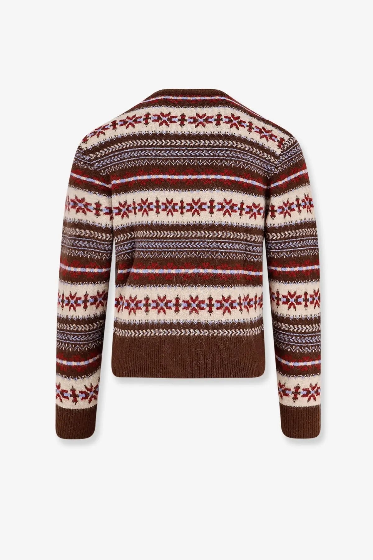 Dunst unisex fairisle wool blend sweater brown with cozy nordic pattern red cream snowflakes on striped background