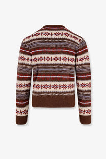 Dunst unisex fairisle wool blend sweater brown with cozy nordic pattern red cream snowflakes on striped background