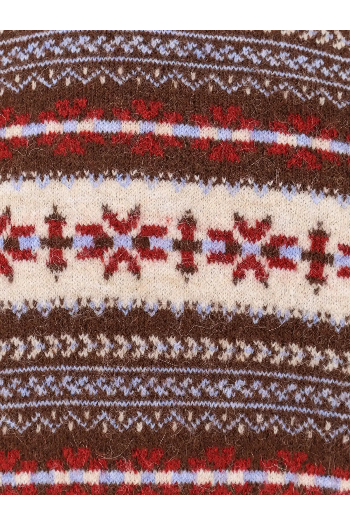 DUNST unisex fairisle wool blend sweater in brown with a cozy knitted cream base and red and blue fair isle patterns