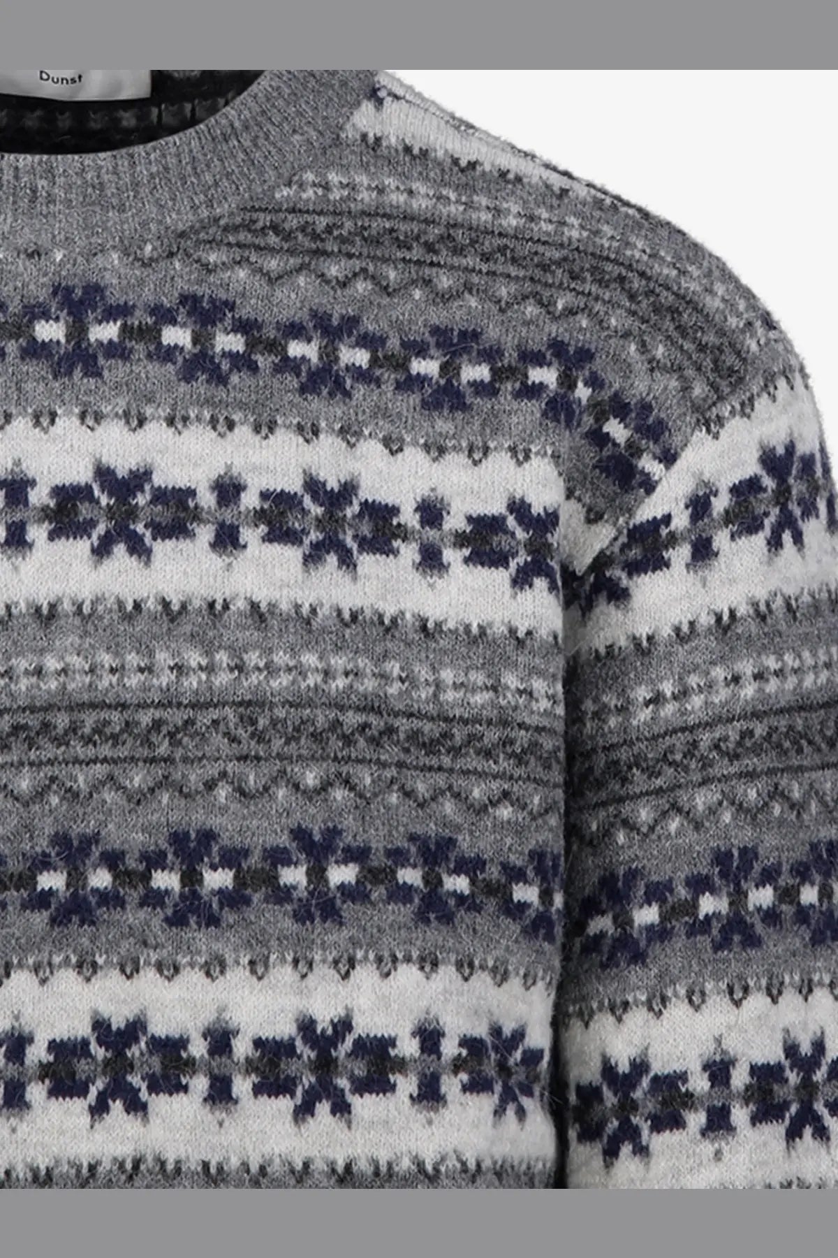 DUNST unisex fairisle wool blend sweater in gray with navy blue snowflake knit pattern for cozy winter wear