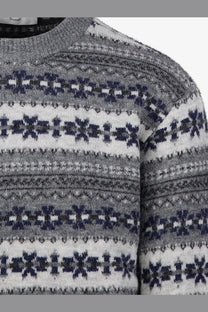 DUNST unisex fairisle wool blend sweater in gray with navy blue snowflake knit pattern for cozy winter wear