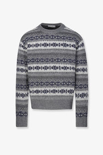 DUNST unisex Fairisle wool blend sweater in grey with dark blue snowflake knit patterns and classic crew neck design