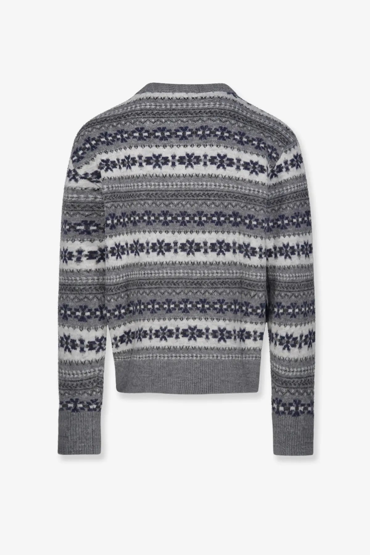 DUNST unisex Fairisle wool blend sweater in grey with gray and white knit snowflake patterns