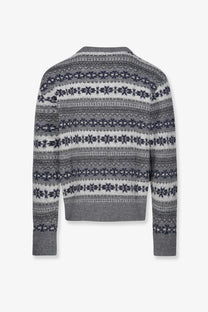 DUNST unisex Fairisle wool blend sweater in grey with gray and white knit snowflake patterns