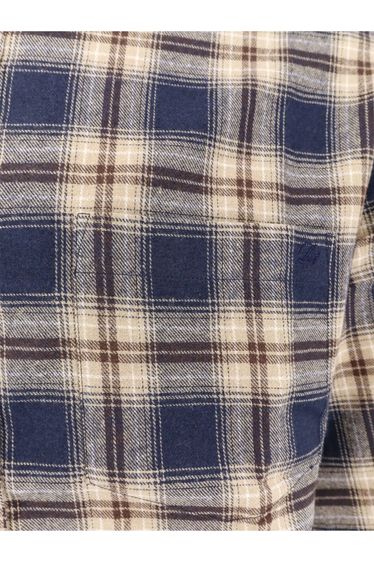 DUNST unisex flannel shirt in navy blue beige and brown plaid with subtle embroidered logo on chest pocket