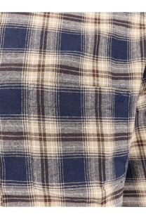 DUNST unisex flannel shirt in navy blue beige and brown plaid with subtle embroidered logo on chest pocket