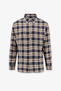 DUNST unisex flannel shirt blue with navy and beige plaid long sleeves and classic collar button-up design