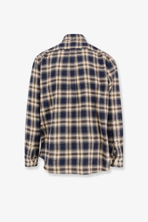 DUNST unisex flannel shirt blue navy and beige plaid long-sleeved button-up with classic collar