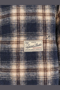 Dunst unisex madras pattern flannel jacket in navy blue and beige plaid with darnst studio label on chest