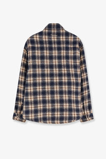 DUNST unisex madras pattern flannel jacket blue featuring navy and beige plaid soft textured fabric
