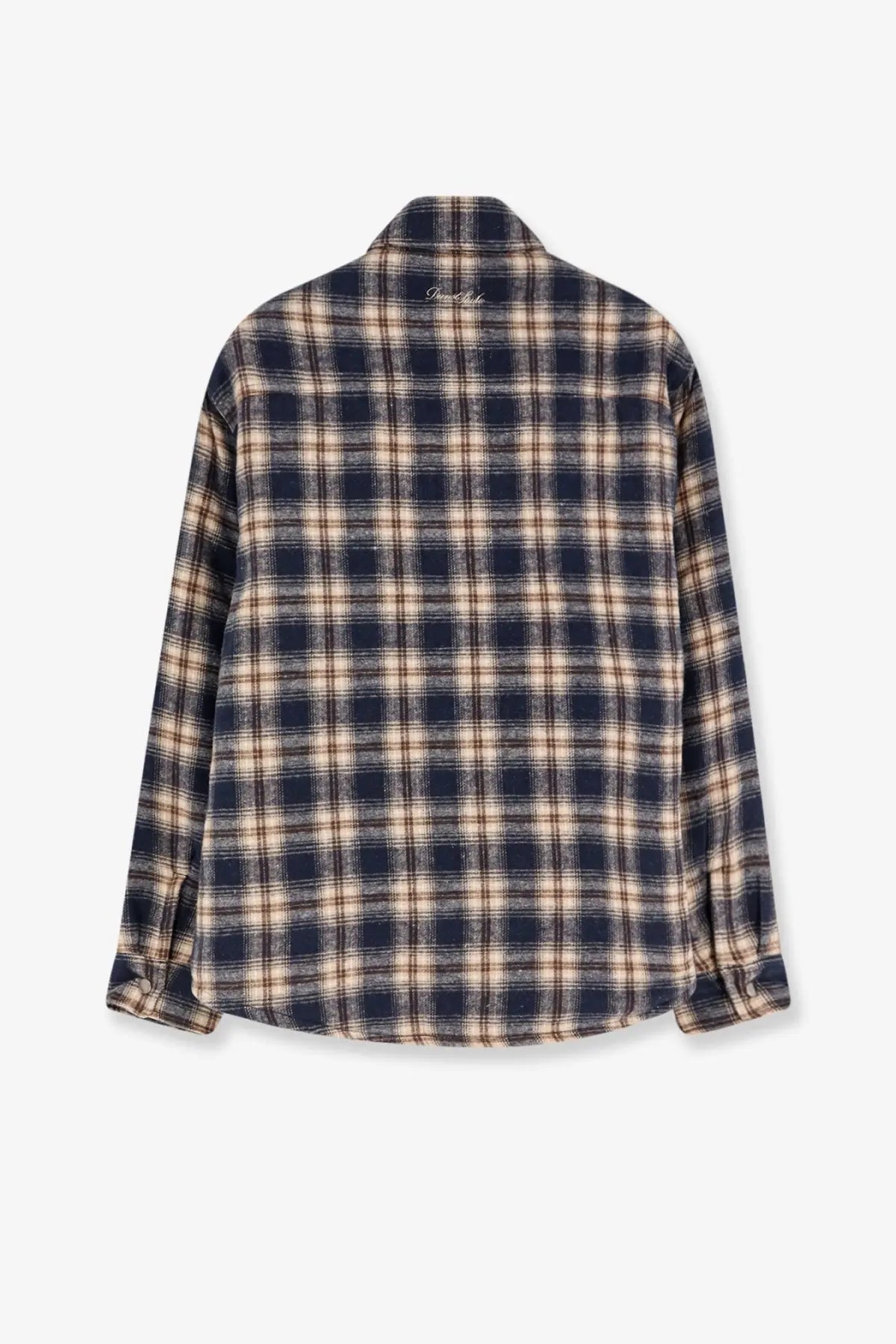 DUNST unisex madras pattern flannel jacket in navy and beige plaid with soft textured fabric