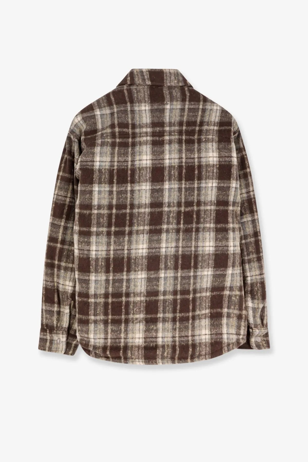 Brown and beige plaid flannel jacket with soft textured fabric by dunst unisex madras pattern jacket