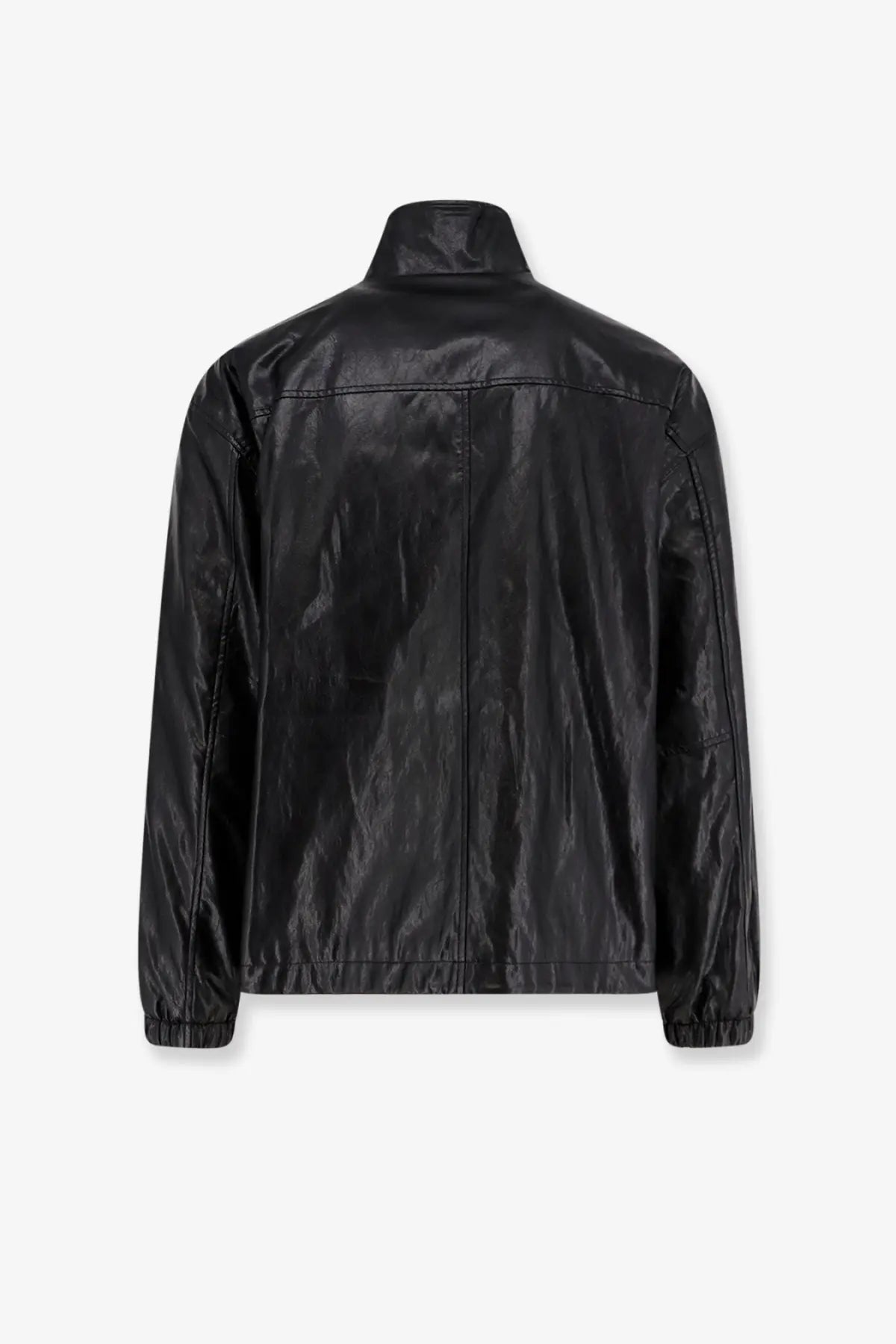 DUNST unisex vegan leather jacket in black with a high collar elastic cuffs and black matte-finish faux leather