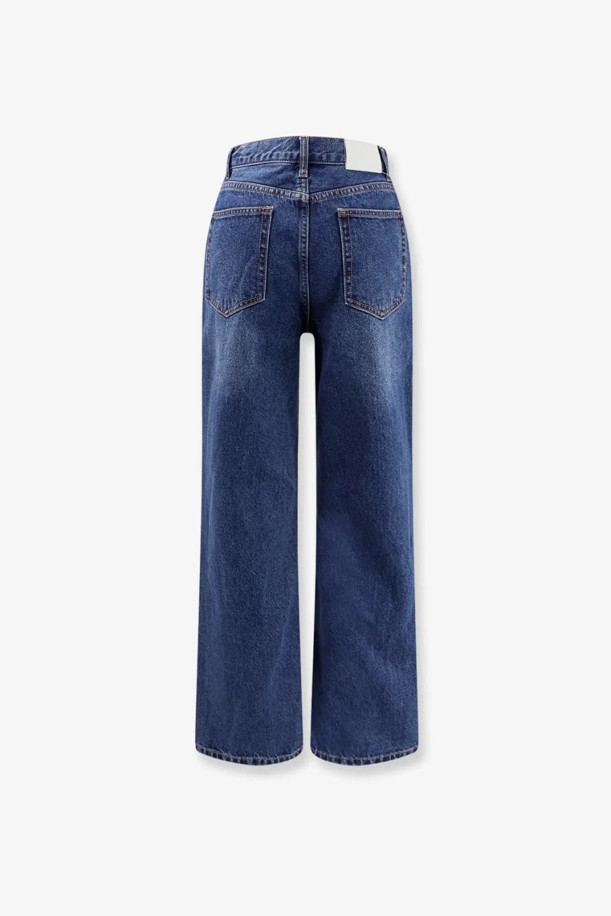 Dunst women’s blue denim jeans with high waist and wide-leg cut in white background