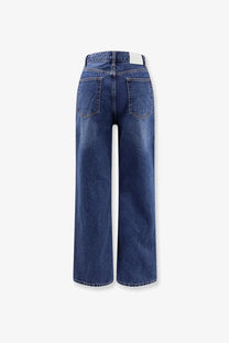 Dunst women’s blue denim jeans with high waist and wide-leg cut in white background