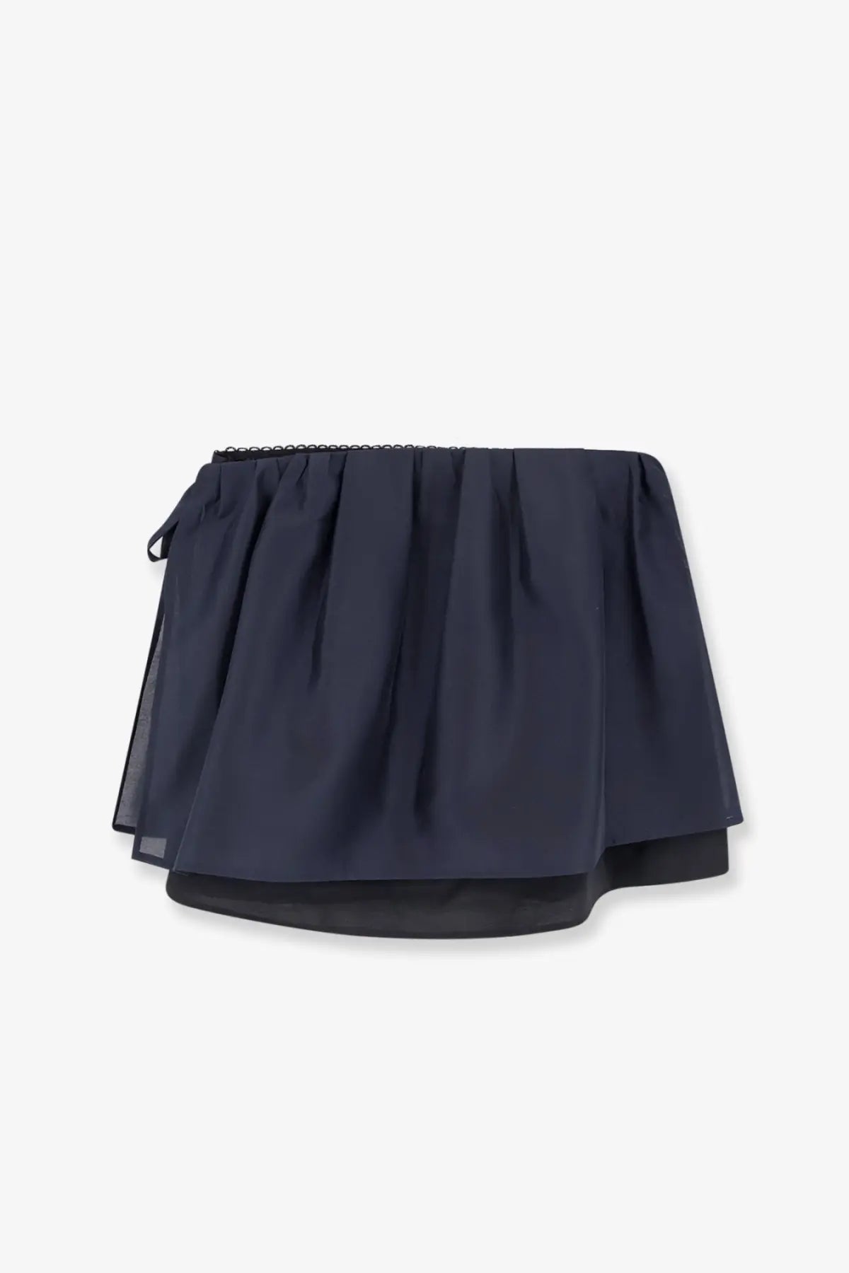 DUNST women’s layered volume navy blue pleated mini skirt with sheer overlay and elastic waistband