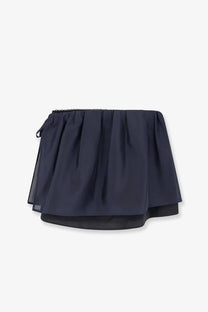 DUNST women’s layered volume navy blue pleated mini skirt with sheer overlay and elastic waistband