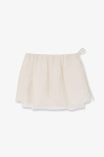 Dunst women’s layered volume mini skirt white in off-white chiffon with gathered waistband and delicate side tie