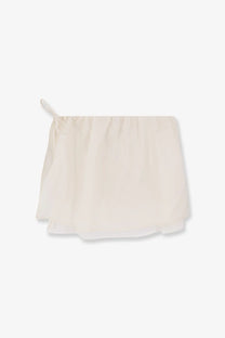 Dunst women’s layered volume mini skirt in white chiffon with gathered waist and side bow detail