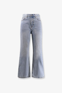 Light-wash DUNST women’s relaxed flared jeans with high-rise wide-leg cut in blue denim