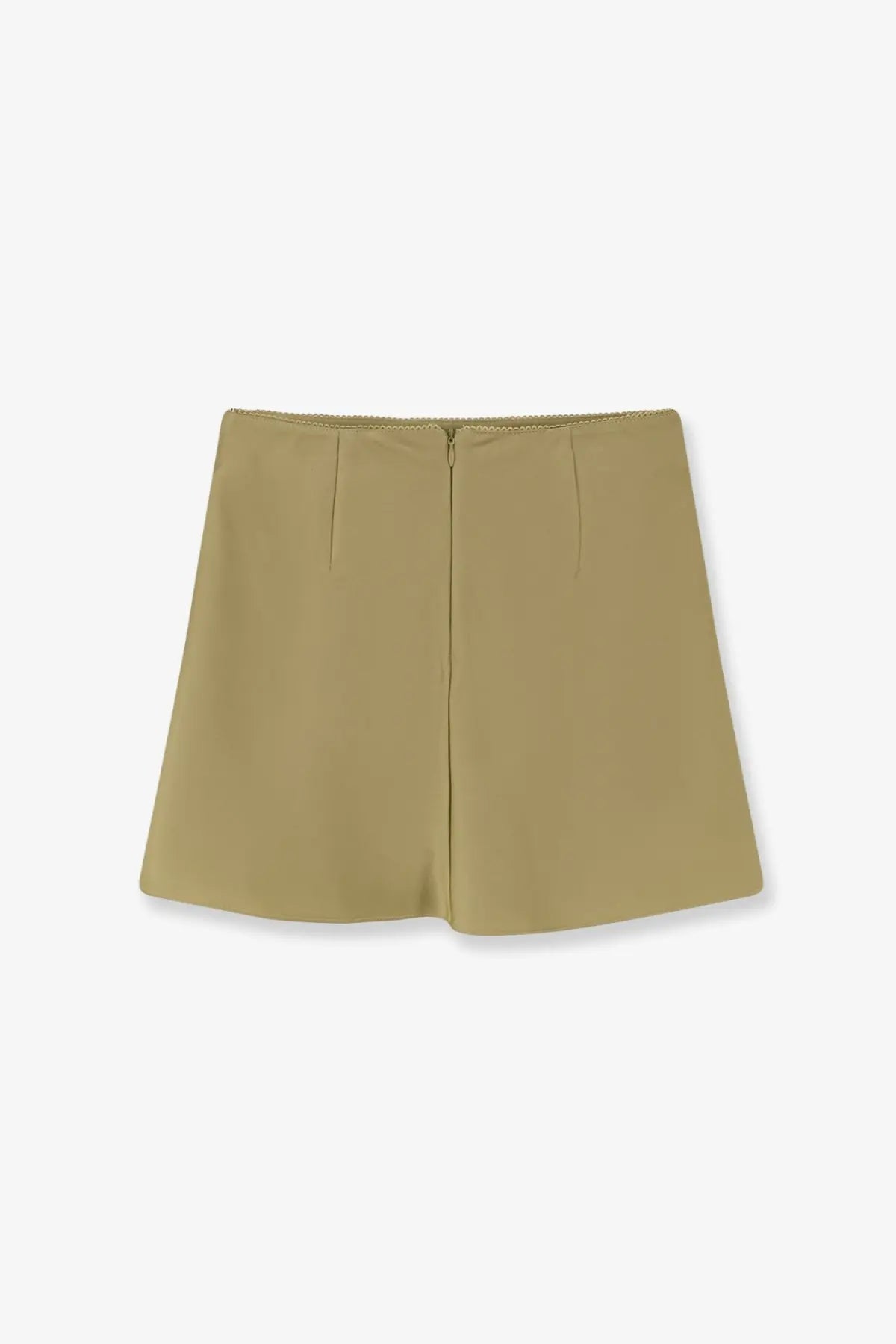 Back view of dunst women’s khaki satin high waisted shorts with tailored design and subtle pleats