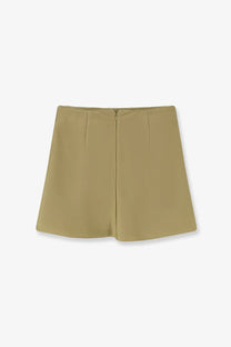 Back view of dunst women’s khaki satin high waisted shorts with tailored design and subtle pleats
