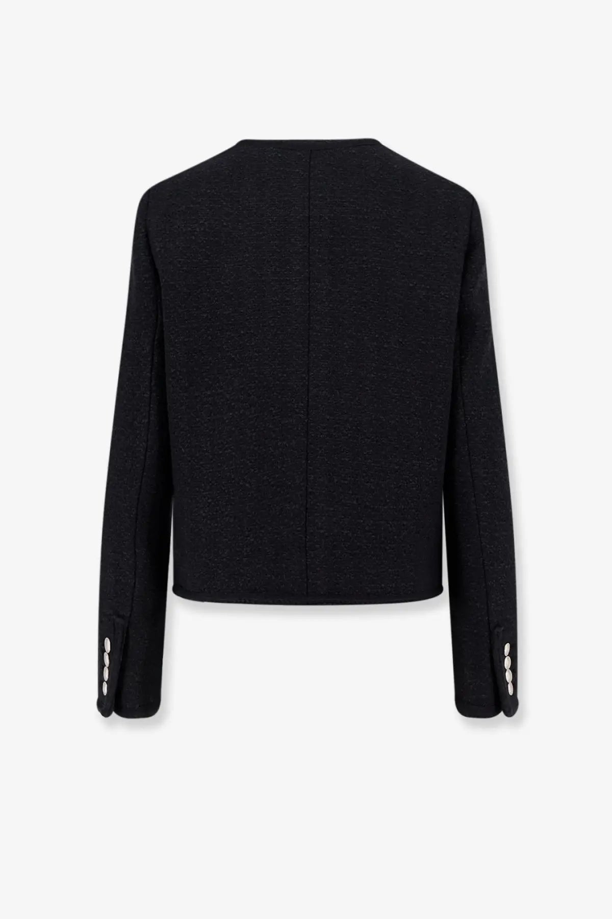 Dunst women’s unisex bouclé tweed blazer black with textured fabric subtle sheen and white button accents on cuffs