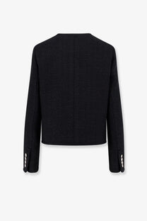 Dunst women’s unisex bouclé tweed blazer black with textured fabric subtle sheen and white button accents on cuffs