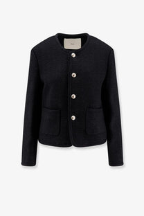 Dunst women’s unisex black bouclé tweed blazer with textured wool, silver buttons, and front pockets