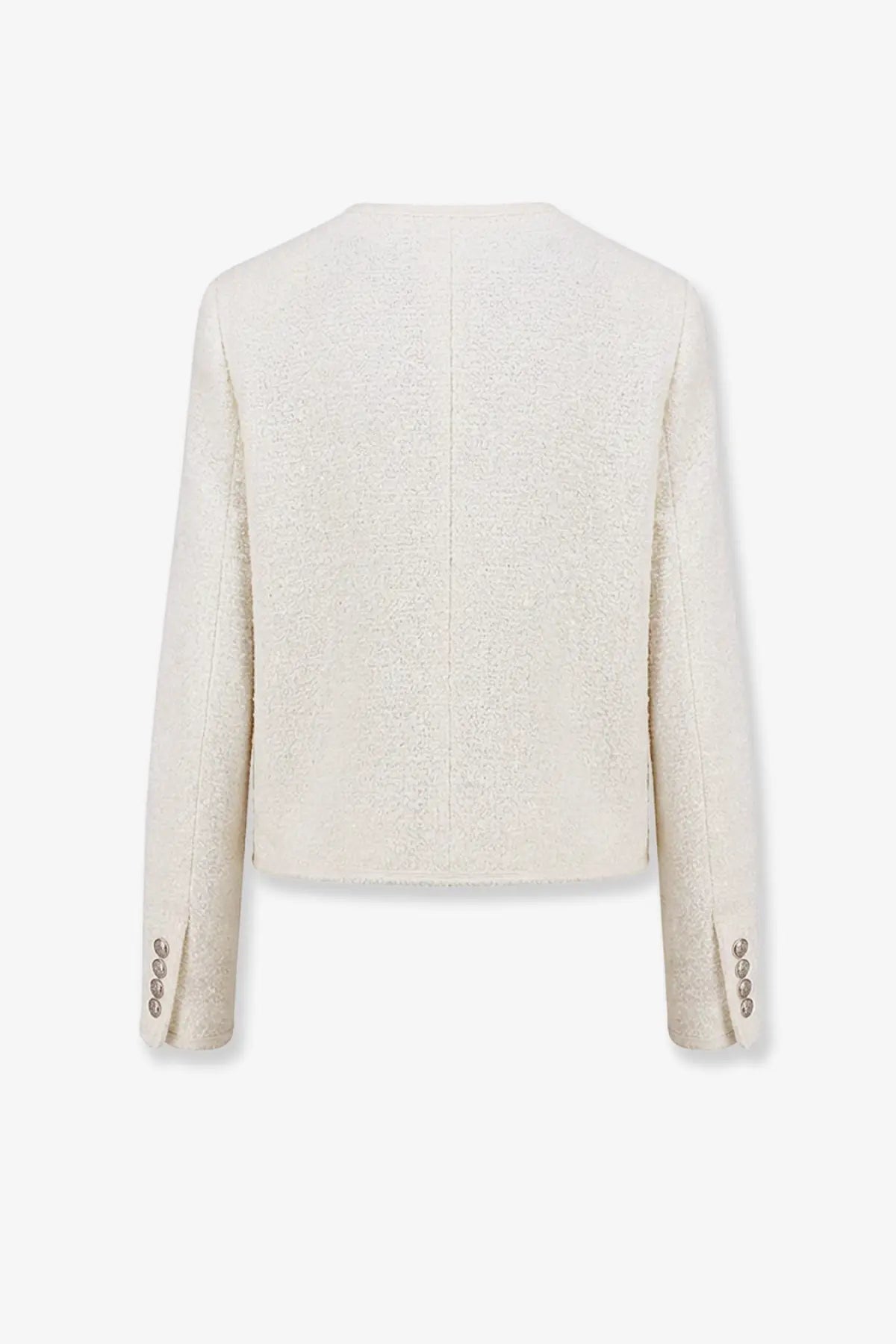Cream-colored dunst women’s unisex bouclé tweed blazer with textured shimmer and three silver buttons on each sleeve cuff