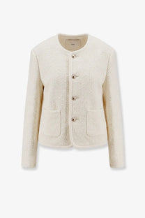 DUNST women’s unisex bouclé tweed blazer white cream wool blend with silver buttons and two front pockets