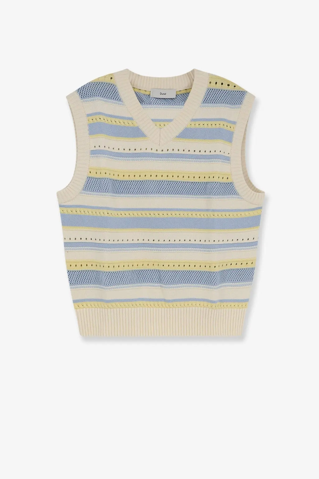 Dunst women’s unisex sleeveless cotton sweater white cream knit vest with blue and yellow horizontal stripes v-neck