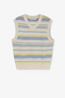 Dunst women’s unisex sleeveless cotton sweater white cream knit vest with blue and yellow horizontal stripes v-neck
